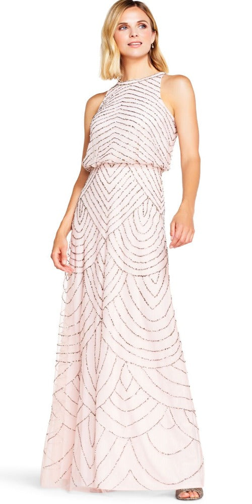 Adrianna Papell Art Deco Beaded Blouson Halter Neckline Gown - Blush/G Luxe Occasion Wear Adrianna Papell Art Deco Beaded Blouson Halter Neckline Gown - Blush/G Luxe Occasion Wear