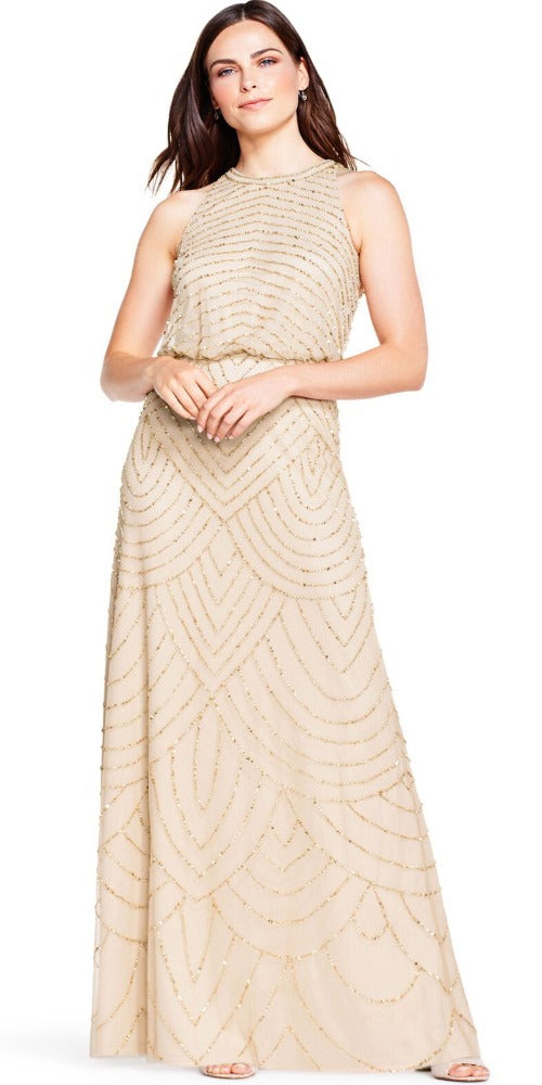 Adrianna Papell Art Deco Beaded Blouson Halter Neckline Gown - Champag Luxe Occasion Wear Adrianna Papell Art Deco Beaded Blouson Halter Neckline Gown - Champag Luxe Occasion Wear