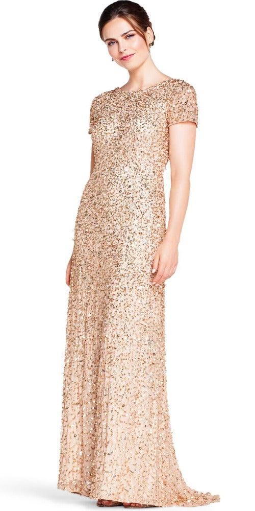 Adrianna Papell Scoop Back Sequin Gown - Gold/Champagne Luxe Occasion Wear Adrianna Papell Scoop Back Sequin Gown - Gold/Champagne Luxe Occasion Wear