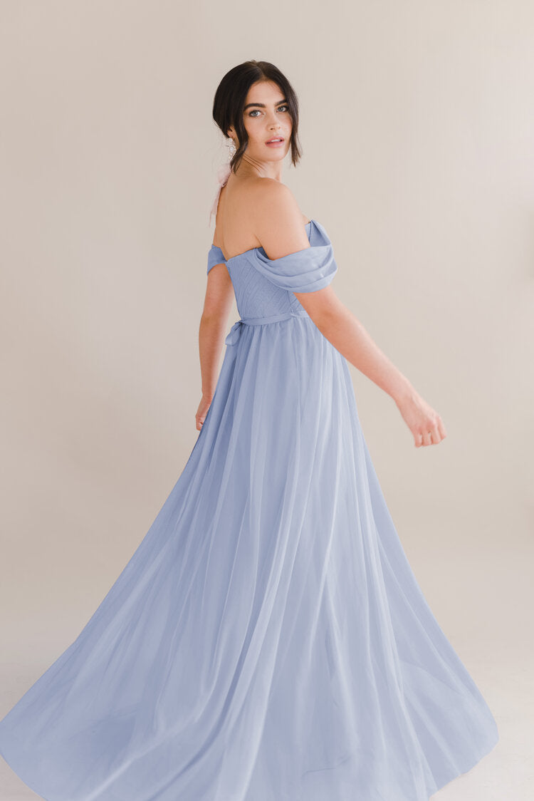 Blue bardot sale bridesmaid dress