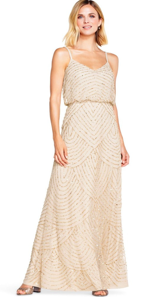 Adrianna Papell Art Deco Beaded Blouson Gown - Champagne Gold