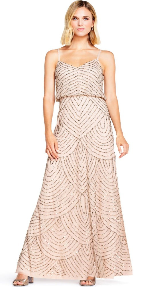 Adrianna Papell Art Deco Beaded Blouson Gown - Taupe/Pink