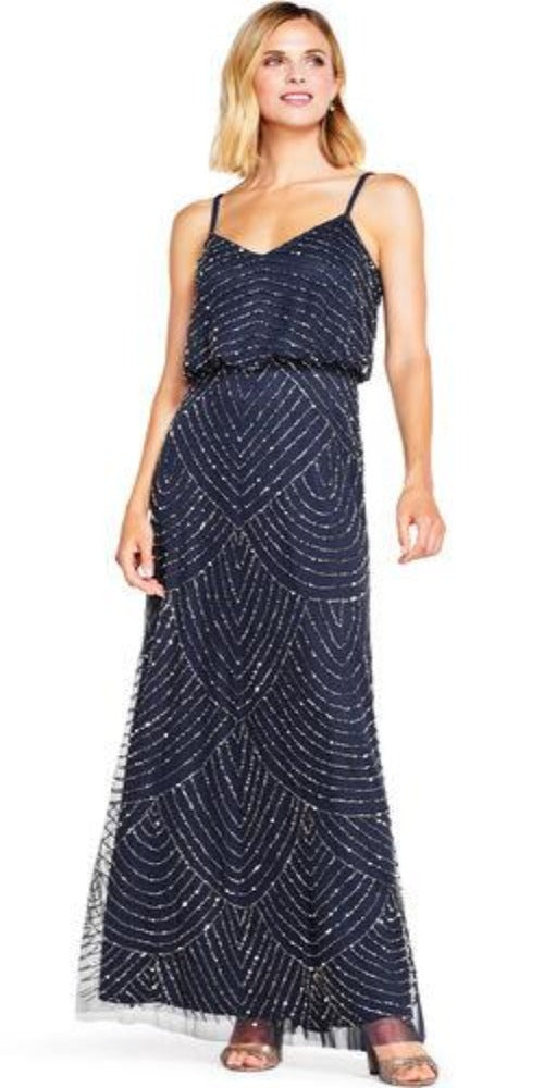 Adrianna Papell Art Deco Beaded Blouson Gown - Navy
