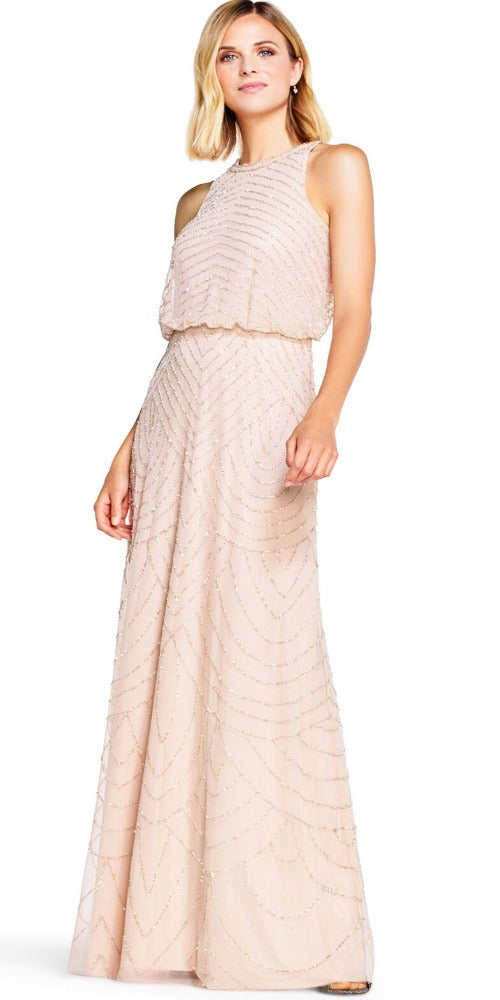 Adrianna Papell Art Deco Beaded Blouson Halter Neckline Gown - Blush