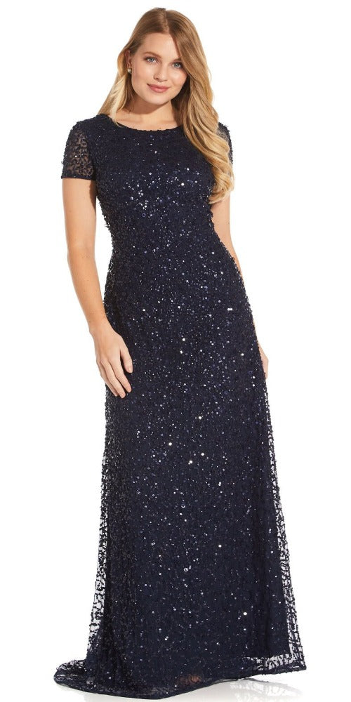 Adrianna Papell Scoop Back Sequin Gown - Navy