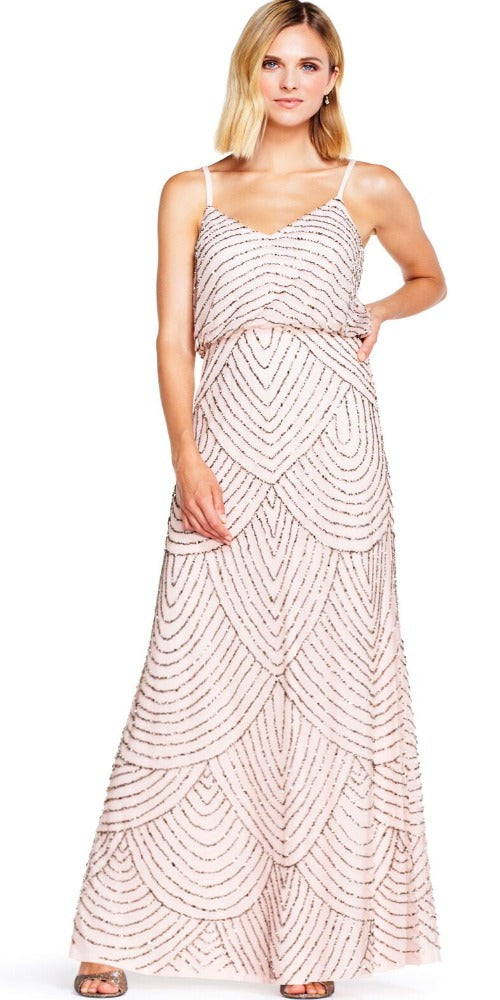 Adrianna Papell Art Deco Beaded Blouson Gown - Blush/Gold